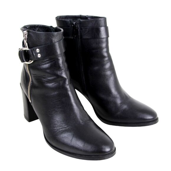 The White Company BLACK GENUINE LEATHER HIGH HEEL BELTED ZIP ANKLE BOOTS Size 38 - Picture 1 of 11